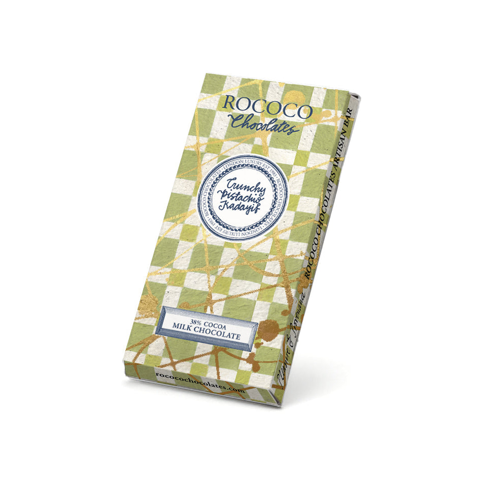 Rococo Chocolatier chocolate dubai bar packaging on a white background