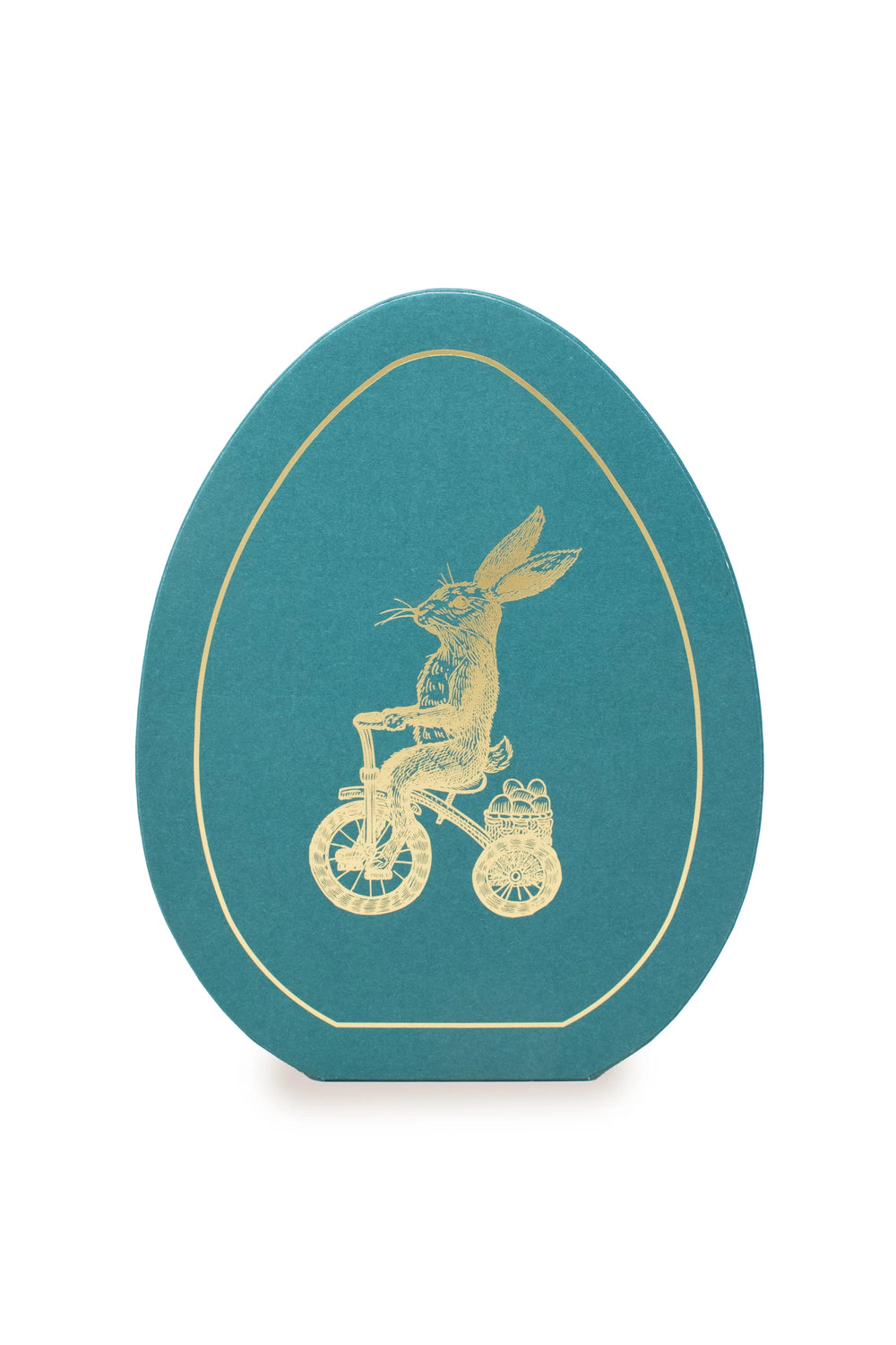 teal egg-shaped box golden bunny
