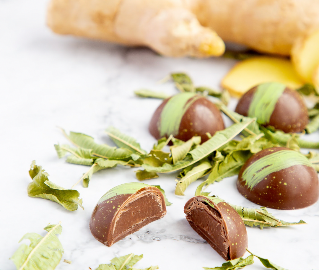 Rococo Chocolates London | Our Chocolatier make these seasonal chocolates with luxury ingredients. Shop in store, or order chocolates online to be delivered. Ginger and lemon verbena bonbon.