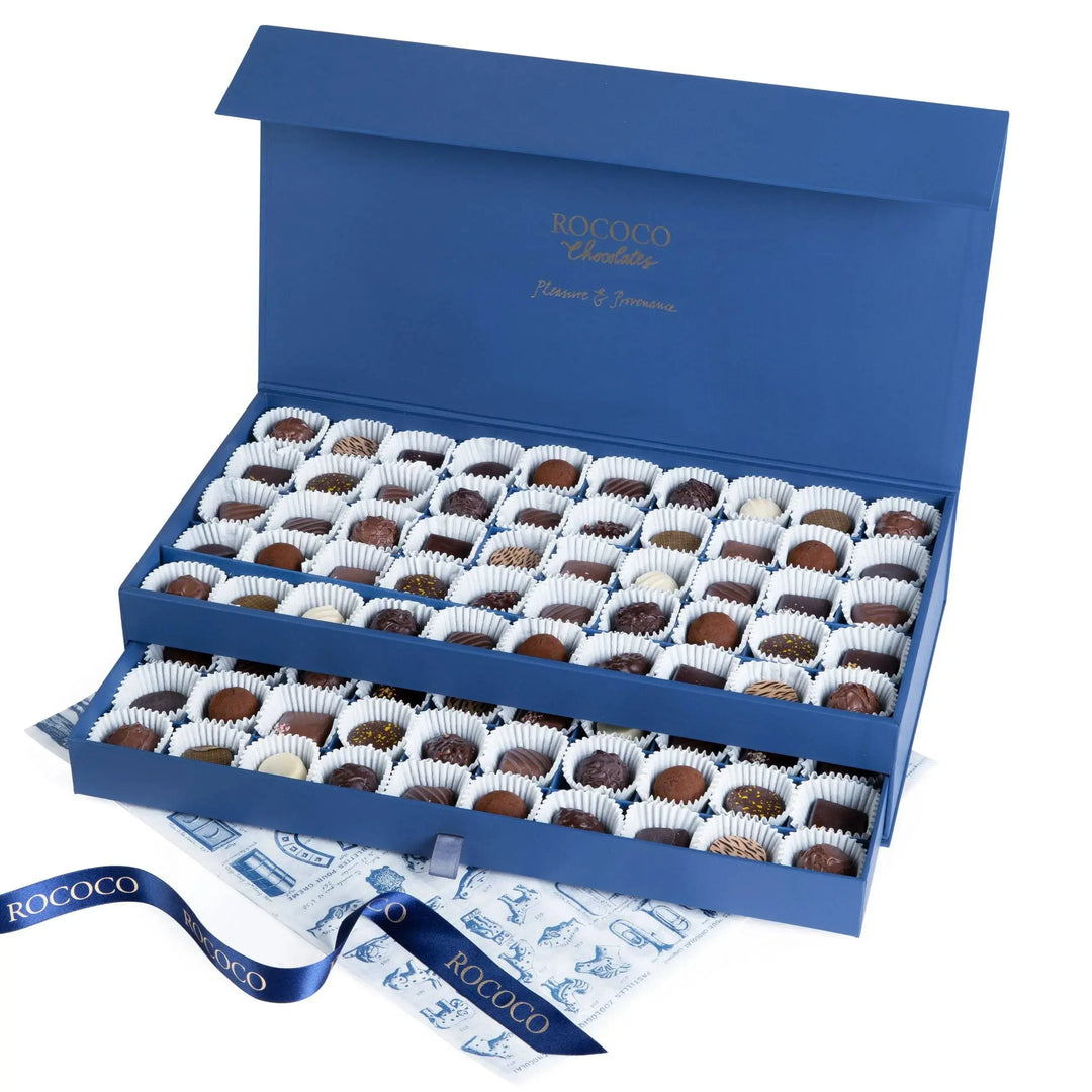Rococo Chocolates Large gift box filled with chocolate gifts, chocolates and truffles. Perfect for chocolate gifts, mother's day gifts, father's day gifts, birthday gifts, treat yourself, luxury chocolate, luxury chocolate gifts.