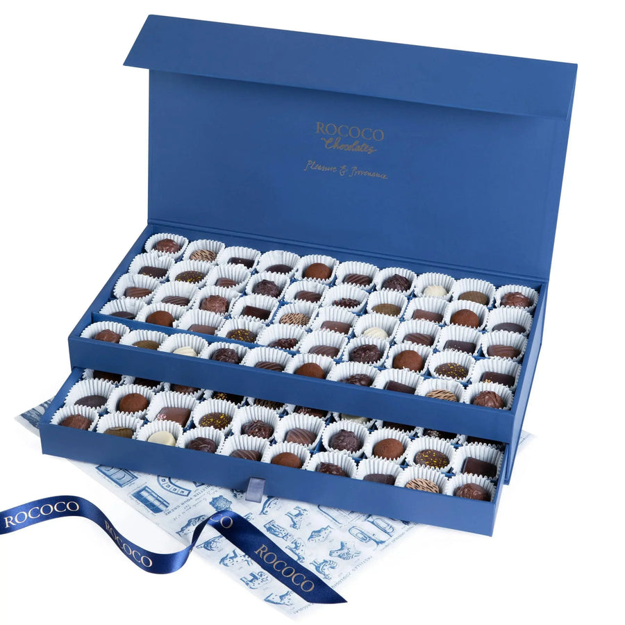 Rococo Chocolates Large gift box filled with chocolate gifts, chocolates and truffles. Perfect for chocolate gifts, mother's day gifts, father's day gifts, birthday gifts, treat yourself, luxury chocolate, luxury chocolate gifts.