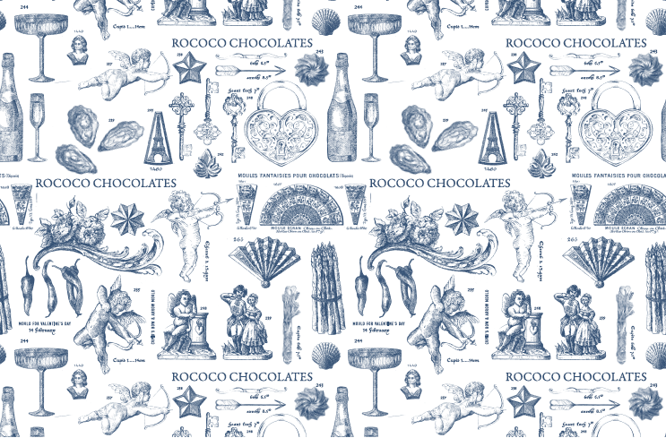 A repeating blue vintage-style illustration pattern on a white background, featuring the text 'ROCOCO CHOCOLATES' alongside cocoa beans, bottles, stars, fans, and seated figures.