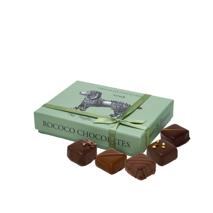 Box of Rococo Chocolates with chocolates on a white background