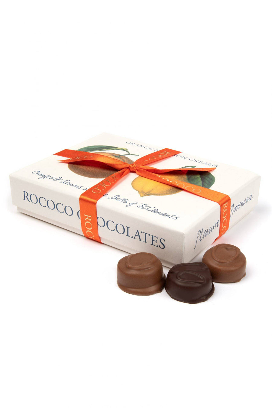 Rococo Chocolates Orange and Lemon creams, enrobed in milk and dark chocolate. Milk and Dark Chocolate citrus creams. Gift wrapped luxury chocolates, tied with a Rococo Ribbon. 
