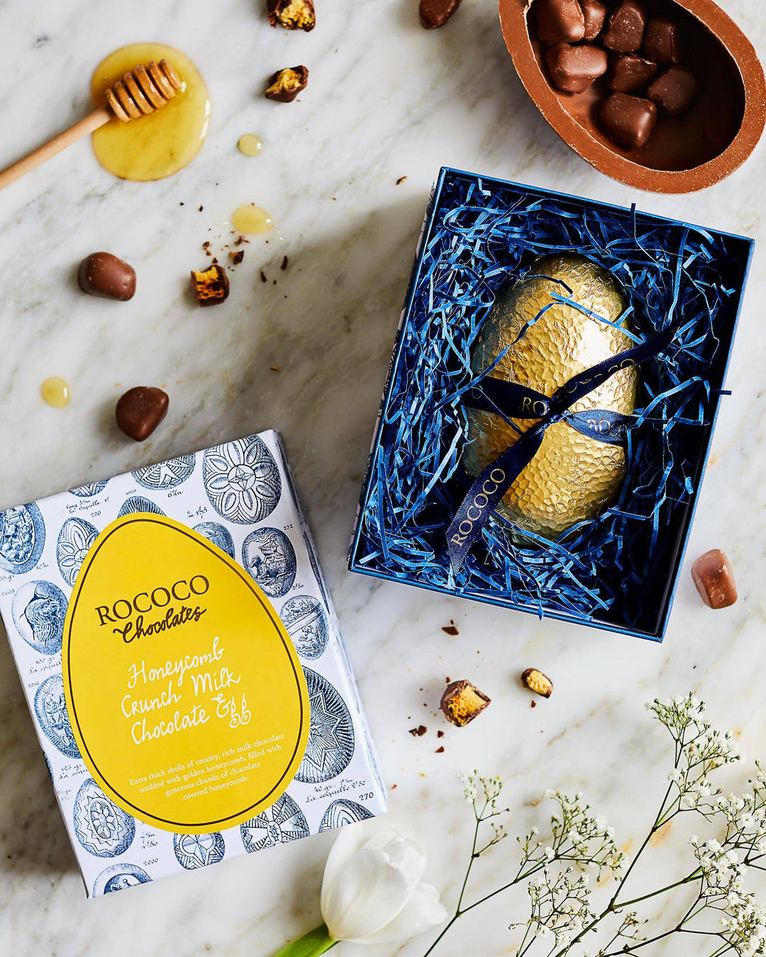 Rococo Luxury Honeycomb Crunch Milk Chocolate Egg | Hand Decorated Honeycomb Milk Chocolate Egg - A Perfect Easter Gift Idea | Crunchy, Creamy, and Decadent | The perfect Luxury Easter Egg for chocoholics | Deliciously Rich Honeycomb Milk Chocolate Easter Egg | Perfect for sharing with friends and family at Easter