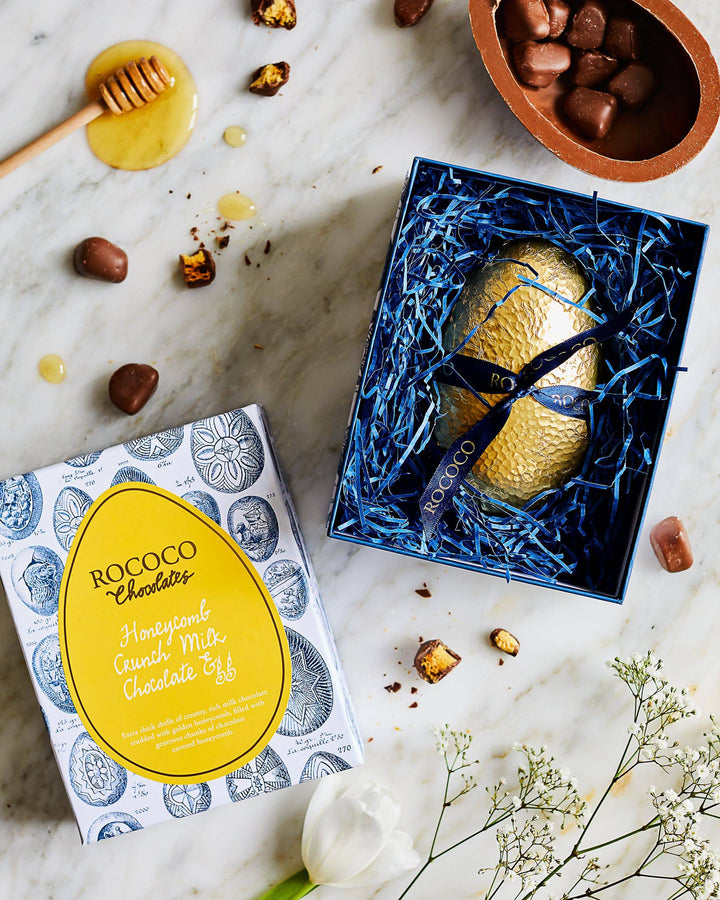 Rococo Luxury Honeycomb Crunch Milk Chocolate Egg | Hand Decorated Honeycomb Milk Chocolate Egg - A Perfect Easter Gift Idea | Crunchy, Creamy, and Decadent | The perfect Luxury Easter Egg for chocoholics | Deliciously Rich Honeycomb Milk Chocolate Easter Egg | Perfect for sharing with friends and family at Easter